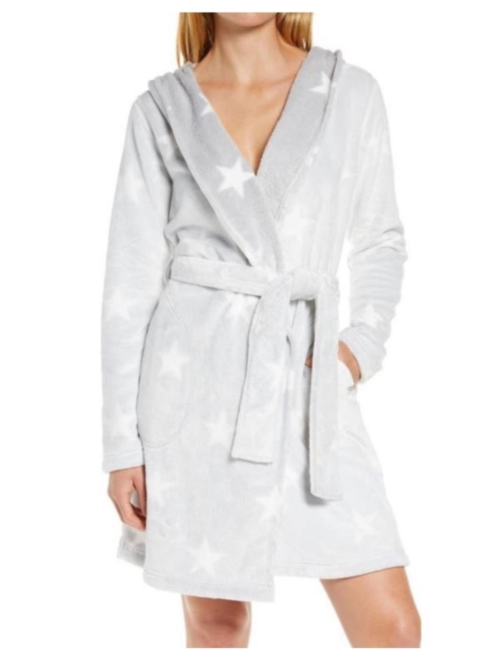 UGG Women's Miranda Plush Velour Hooded Robe Gray White Stars M